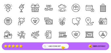 Pazar yeri, indirimli alışveriş arabası ve web uygulaması için hediye kutusu simgeleri. Bir paket bulmaca, dondurma, benim piktogram ikonlarım olun. Hava durumu telefonu, fotoğraf albümü, sürpriz hediye tabelaları. Gün batımı, Sale, Heart. Vektör