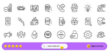 Güvenlik istatistikleri, Restoran uygulaması ve web uygulaması için Analitik grafik çizelgesi simgeleri. Buzdolabı paketi, Paylaşım çağrısı, resim ikonları sıralaması. Kilit, kimya pipeti, mesaj işaretleri. Kart. Vektör