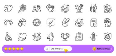 Şemsiye, Gönüllü ve Shields web uygulaması için simgeler. Kontrol listesi, termometre, hayat sigortası ikonları. Doktor, Cobalamin vitamini, sigorta poliçesi. Arama barı. Vektör