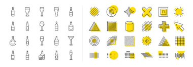 Bira seti, viski ve şarap bardağı ikonları. Şekil elementleri tasarla. Şarap şişesi çizgisi simgeleri. Şampanya şişesi, alkol ve buzlu viski. Vektör