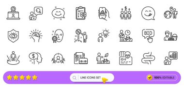 Öde, Arttırılmış Gerçeklik ve İnternet uygulaması için Gülümse sohbet hattı simgeleri. Göz kontrol listesi, siber saldırı, eko bisiklet ikonları. Teftiş, tatlı gülümseme, göz koruma işaretleri. Güçlendir, Boşluk. Vektör