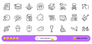 Web uygulaması için çalışma saatlerini ve maaş çizgisi simgelerini kaydır. Bir paket Yolculuk, Elektronik Termometre, Dumanlı Pictogram ikonları. Bulmaca, ödeme, elektrikli bisiklet işaretleri. Kimyasal tehlike. Vektör