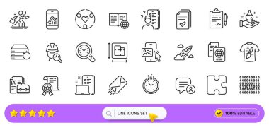 İkili kod, Boşluk ve Sertifika satırı simgeleri web uygulaması için. Bulmaca, Aygıt, Sohbet baloncuğu simgeleri. Tişört tasarımı, zaman yönetimi, kimya laboratuvar tabelaları. Telefon görüntüsü, saat. Vektör