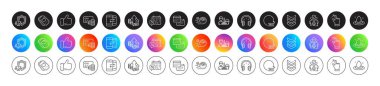 Calendar, Love ticket and Family insurance line icons. Round icon gradient buttons. Pack of Fuel energy, 360 degrees, Inflation icon. Like, Headphones, Justice scales pictogram. Vector clipart