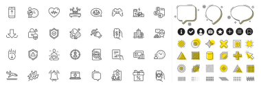 Set of Document, Notification bell and Gamepad line icons for web app. Design elements, Social media icons. Arrivals plane, Money app, Security app icons. Vector clipart