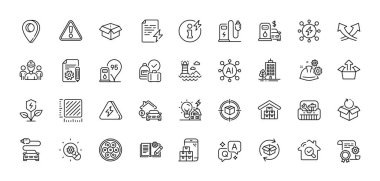 İnceleme, Kesişen oklar ve Enerji Hattı simgeleri paketi. Al, Soru ve Cevap, Harita iğne simgeleri. Gökdelen binaları, Yıldırım, Güç Bilgi Ağı simgesi. Vektör