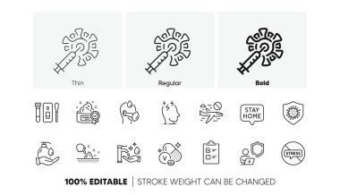 Ellerini yıka, krem ve cilt nemlendirme çizgisi simgeleri. Bir paket Kalkan, Stres, Coronavirus aşı ikonu. Uçuşu iptal et, hasta adam, Vanadyum mineral piktogramı. Stres yapma Coronavirus, ellerini yıka. Vektör