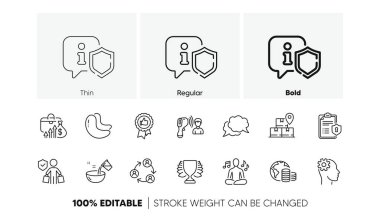 Gizlilik politikası, Yoga müziği ve elektronik termometre çizgisi simgeleri. Bir paket Kalkan, yemek suyu, takım çalışması ikonu. Maaş, Kazanan, Cevizli Piktogram. Olumlu geri bildirim, bütçe, alıcı sigortası. Vektör