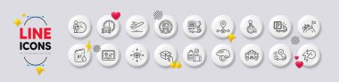 Plane, Food delivery and Bicycle helmet line icons. White buttons 3d icons. Pack of Disability, Hold box, Diesel canister icon. Parcel delivery, Taxi, Gps pictogram. Vector clipart