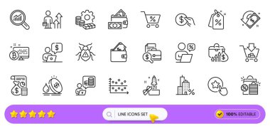 Para, indirimli etiketler ve alışveriş poşetleri web uygulaması için simgeler. Cüzdan, İnovasyon, Ödeme ikonları. Muhasebe, iş adamı, ipotek tabelaları. Muhasebe raporu. Arama barı. Vektör