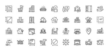 Çevrimiçi pazar, teklif teklifi ve açık hat simgeleri paketi. Al, Soru ve Cevap, Harita iğne simgeleri. Ev almak, zemin planı, üniversite kampüsü web ikonu. Vektör