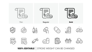 Sağlık sigortası, reçete ve hap tabelaları. Tıbbi uyuşturucu çizgisi ikonları. Eczane ilaçları, yemek tarifi ikonları. Antibiyotik kapsül, şırınga aşısı. Doğrusal küme. Satır simgeleri ayarlandı. Vektör