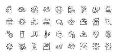Dünya mektupları, toptan ürünler ve holding kutusu simgeleri. Al, Soru ve Cevap, Harita iğne simgeleri. QR kodu, Kutuyu al, Buzdolabı web simgesi. CVV kodu, Hdd, Pictogram eğrisi talep et. Vektör