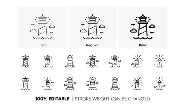 stock vector Searchlight tower with seagull for marine navigation of ships. Lighthouse line icons. Sea pharos, lighthouse or beacon icons. Linear set. Line icons set. Vector