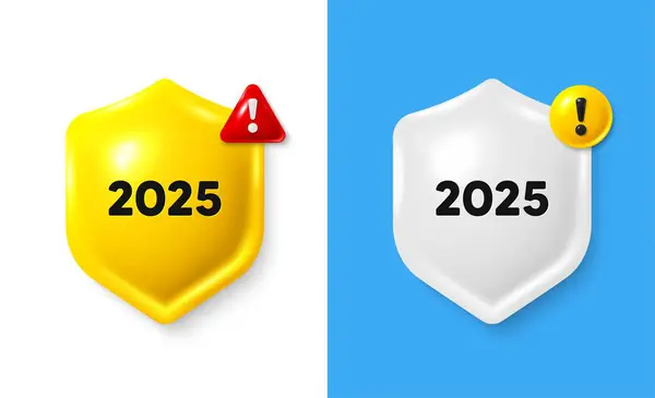 stock vector 2025 year icon. Shield 3d banner with text box. Event schedule annual date. 2025 annum planner. 2025 chat protect message. Shield speech bubble banner. Danger alert icon. Vector