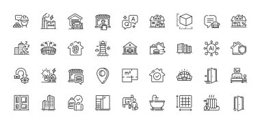 Paket boyutu, Kapı ve Gökdelen binaları ikon çizgisi paketi. Al, Soru ve Cevap, Harita iğne simgeleri. Mahkeme binası, ev güvenliği, deniz feneri web simgesi. Vektör