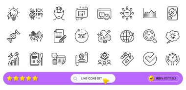 Kimya DNA 'sı, 360 derece ve web uygulaması için adil ticaret hattı simgeleri. Makale paketi, burun testi, Pictogram simgeleri. Zamanlayıcı, Coronavirus, etik işaretler. Pantotenik asit, stres. Vektör