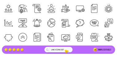 Web uygulaması için diyagram şeması, Denetleme ve Yoga çizgi simgeleri. Monitör ayarları, Belge, Teknik Belgelendirme simgeleri paketi. Organik ürün, aşı pasaportu, sahte haber tabelaları. Vektör