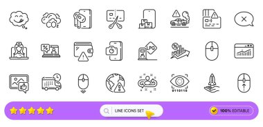 Kulaklıklar, fotoğraf ve web uygulaması için leziz gülümseme çizgisi simgeleri gibi. Bir paket kitle fonlaması, kart, internet uyarı ikonları. Teslimat, yapay zeka, çevrimiçi depolama işaretleri. Arama barı. Vektör
