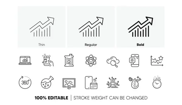 Stock vector 360 degrees, Cloud computing and Time line icons. Pack of Weather phone, Dirty water, Phone calendar icon. Puzzle options, Chemistry lab, Start presentation pictogram. Online statistics. Vector