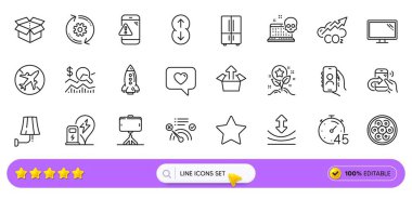 Dayanıklılık, selfie çubuğu ve web uygulaması için kutu satırı simgeleri gönder. Monitör sürüsü, aşağı in, siber saldırı ikonları. Uçak modu, Paylaşım çağrısı, roket işaretleri. Uyarı mesajı. Arama barı. Vektör