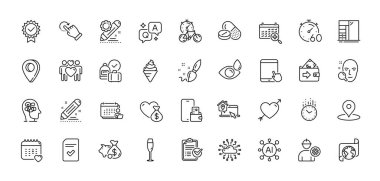 Zaman, İş Evi ve Tıbbi takvim simgeleri paketlendi. Al, Soru ve Cevap, Harita iğne simgeleri. Çeviri servisi, göz damlaları, kontrol edilen dosya simgesi. İğne, Bağış, Stres Piktogramı. Vektör