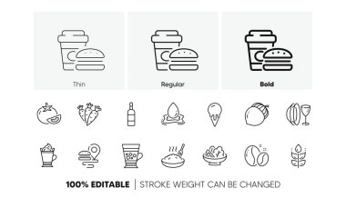 Salata, su sıçratma ve yiyecek teslimatı ikonları. Bir paket glütensiz, sütlü kahve, meşe palamudu. Tabak, kahve çekirdekleri, dondurma grafiği. Lapa, havuç, konyak şişesi. Domates. Vektör