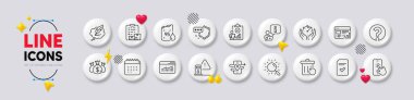 Website statistics, Interview and Shield line icons. White buttons 3d icons. Pack of Calendar, Question mark, Inspect icon. Petrol canister, Inventory checklist, Check investment pictogram. Vector clipart