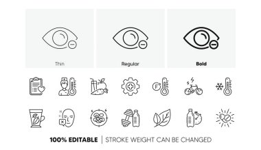 Dumbbell, nane yaprakları ve termometre çizgileri simgeleri. Paket yüz reddedildi, düşük termometre, hasta geçmişi ikonu. Spor suyu, meyve suyu, miyopya piktogramı. İlaç, E-bisiklet, tıbbi ilaçlar. Vektör
