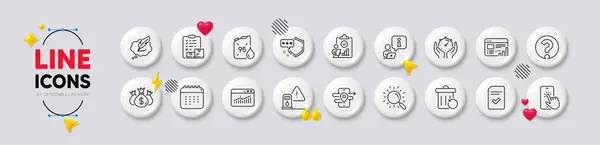 stock vector Website statistics, Interview and Shield line icons. White buttons 3d icons. Pack of Calendar, Question mark, Inspect icon. Petrol canister, Inventory checklist, Check investment pictogram. Vector