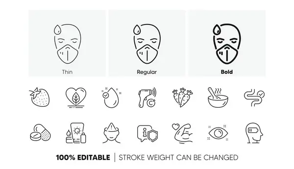 stock vector Cook, Local grown and Strong arm line icons. Pack of Weariness, Carrots, Mental health icon. Vitamin e, Shield, Sunscreen pictogram. Medical drugs, Health eye, Strawberry. Line icons. Vector