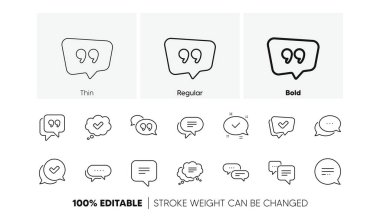 Onaylandı, İşaretli kutusu ve Sosyal medya mesajı. Sohbet ve tırnak işareti. Konuşma balonu, işaretle ya da işaretle, yorum simgeleri. Konuşma balonunu düşün. Doğrusal küme. Satır simgeleri ayarlandı. Vektör