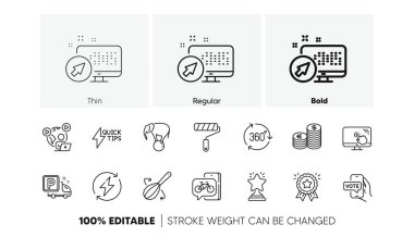 Hızlı başlangıç rehberi, top üzerinde fil ve bisiklet uygulama çizgisi simgeleri. Dokunmatik ekran paketi, kamyon parkı, sadakat ödülü ikonu. Web sistemi, 360 derece, çevrimiçi oylama Pictogram. Para birimi. Satır simgeleri. Vektör