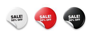 İndirim% 50. Fiyat etiketi ve teklif mesajı. Promosyon fiyatı tabelası. Satış rozeti sembolü. Etiketli afişler. İndirim etiketi. Vektör