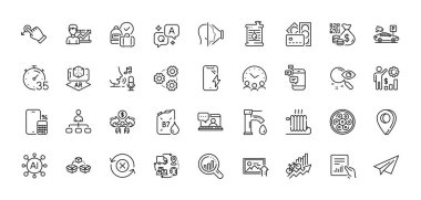 Başarı işi, Para ve Radyatör hattı simgeleri paketi. Al, Soru ve Cevap, Harita iğne simgeleri. Kablo bölümü, tedarik zinciri, kağıt uçak web simgesi. Vektör