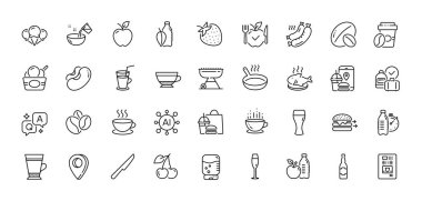 Fasulye, bira bardağı ve ızgara sosis paketi. Al, Soru ve Cevap, Harita iğne simgeleri. Soya fıstığı, fitness suyu, kiraz ağı ikonu. Dondurma, kapuçino, vejetaryen yemek piktogramı. Vektör