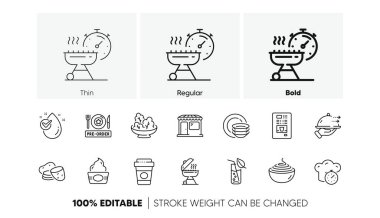 Water drop, Grill and Pre-order food line icons. Pack of Dishes, Food delivery, Pasta icon. Market, Water glass, Salad pictogram. Ice cream, Grill time, Potato. Coffee vending. Line icons. Vector clipart