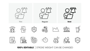 Uyku, Çevrimiçi Kimya ve Sera hattı simgeleri. Bir paket zamanlayıcı, dünya parası, kahve kupası ikonu. Güzellik, telefon transferi, dondurucu resim. Çizgi çizelgesi, Ph nötr, kullanıcı bildirimi. Vektör