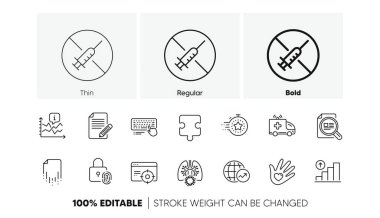 Seo hedefleme, sosyal sorumluluk ve dünya istatistik çizgisi simgeleri. Aşı yok, grafik çizelgesi, madde simgesini kontrol et. Bilgisayar klavyesi, ambulans arabası, zaman çizelgesi. Bulmaca. Satır simgeleri. Vektör