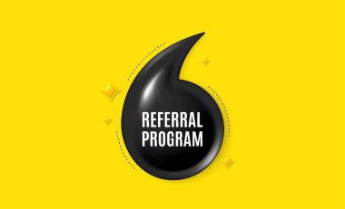 Offer 3d quotation banner. Referral program tag. Refer a friend sign. Advertising reference symbol. Referral program quote message. Quotation comma yellow banner. Vector clipart