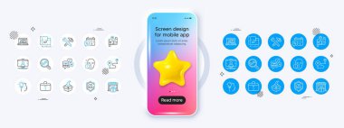 Taşıma servisi, dikkat et ve fikir çizgisi simgeleri. 3D yıldız ikonuyla telefon modeli. Çanta, Analitik, Kat Planı ikonu. Web envanteri, paket koruması, indirimli takvim fotoğrafı. Vektör