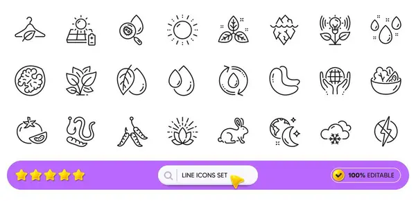 stock vector Animal tested, Salad and Cashew nut line icons for web app. Pack of Maggots, Water analysis, Organic tested pictogram icons. Refill water, Worms, Fair trade signs. Snow weather, Lotus. Vector