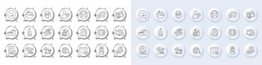 Calendar tax, Donation and Heart line icons. White pin 3d buttons, chat bubbles icons. Pack of Fake news, Winner cup, Inspect icon. Smartphone sms, Alcohol free, Web search pictogram. Vector