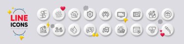 Inventory cart, Cream and Chemistry pipette line icons. White buttons 3d icons. Pack of Smile, Juice, Search employee icon. Calendar tax, No handbag, Fireworks explosion pictogram. Vector clipart