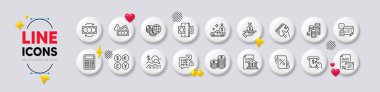 Cash transit, World money and Check investment line icons. White buttons 3d icons. Pack of Currency, Bank document, Atm service icon. Coins, Binary code, Fraud pictogram. Vector clipart