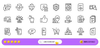 Konuşmacı, Web uygulaması için belge ve kart satırı simgelerini görüntüle. Bir paket sadaka, iletişim, kurutma makinesi resimli resim simgeleri. Rfp, benzin istasyonu, kısa mesaj işaretleri. Göz algılama, çevrimiçi depolama. Vektör