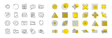 Yedekleme, verileri yükleme ve belgeyi kurtarma. Şekil elementleri tasarla. İyileşme çizgisi simgeleri. Laptop yenileme, onarım ve telefon kurtarma ikonları. Sürücü onarımı, bilgileri geri yükleme ve verileri iade etme. Vektör