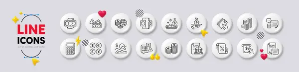 stock vector Cash transit, World money and Check investment line icons. White buttons 3d icons. Pack of Currency, Bank document, Atm service icon. Coins, Binary code, Fraud pictogram. Vector