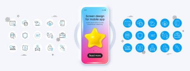 Kalkan, alet çantası ve Dünya iletişim hattı simgeleri. 3D yıldız ikonuyla telefon modeli. Bir paket gülümseme, araba şarj etme, oy kullanma ikonu. Vektör