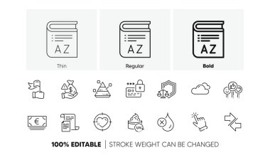 Kilit, piramit şeması ve çizgi simgeleri gibi. Bir paket Euro para birimi, rüşvet, UV koruma ikonu. Liderlik, su geçirmez değil, resimli belgeler. Kalp hedefi, senkronizasyon, imleç. Kelime haznesi. Vektör